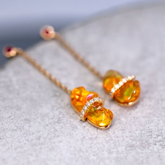 Ribbon Wrapped Fire Opal Ruby Diamond Drop Earrings 18K Yellow Gold